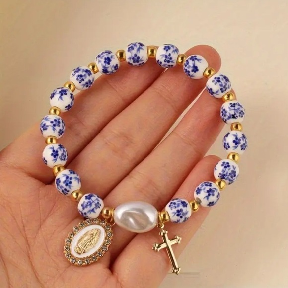 Chinese Blue White Porcelain Bead Bracelet Sacred Heart Pendant, Cross, jewelry - Picture 3 of 6
